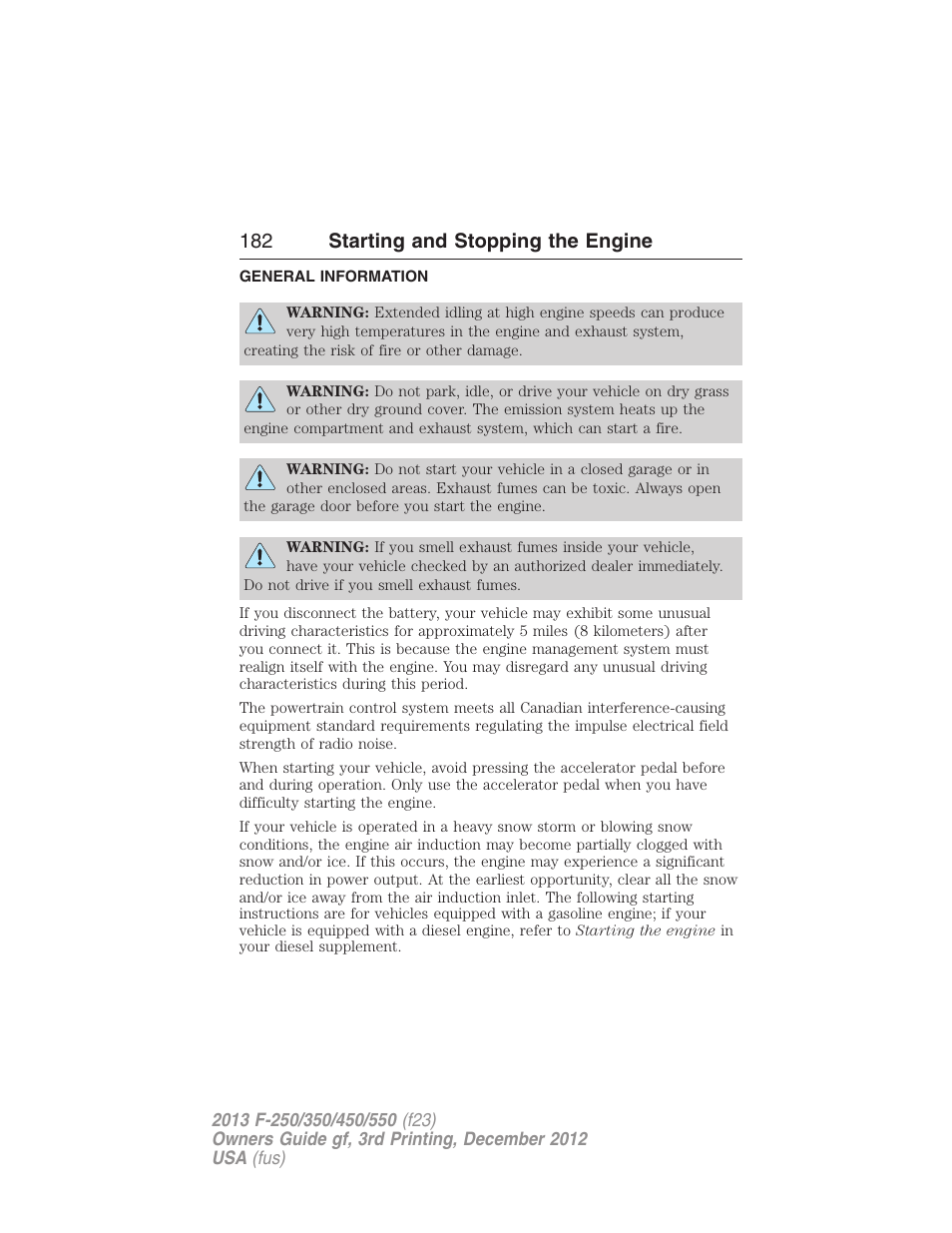 Starting and stopping the engine, General information, 182 starting and stopping the engine | FORD 2013 F-550 v.3 User Manual | Page 183 / 577