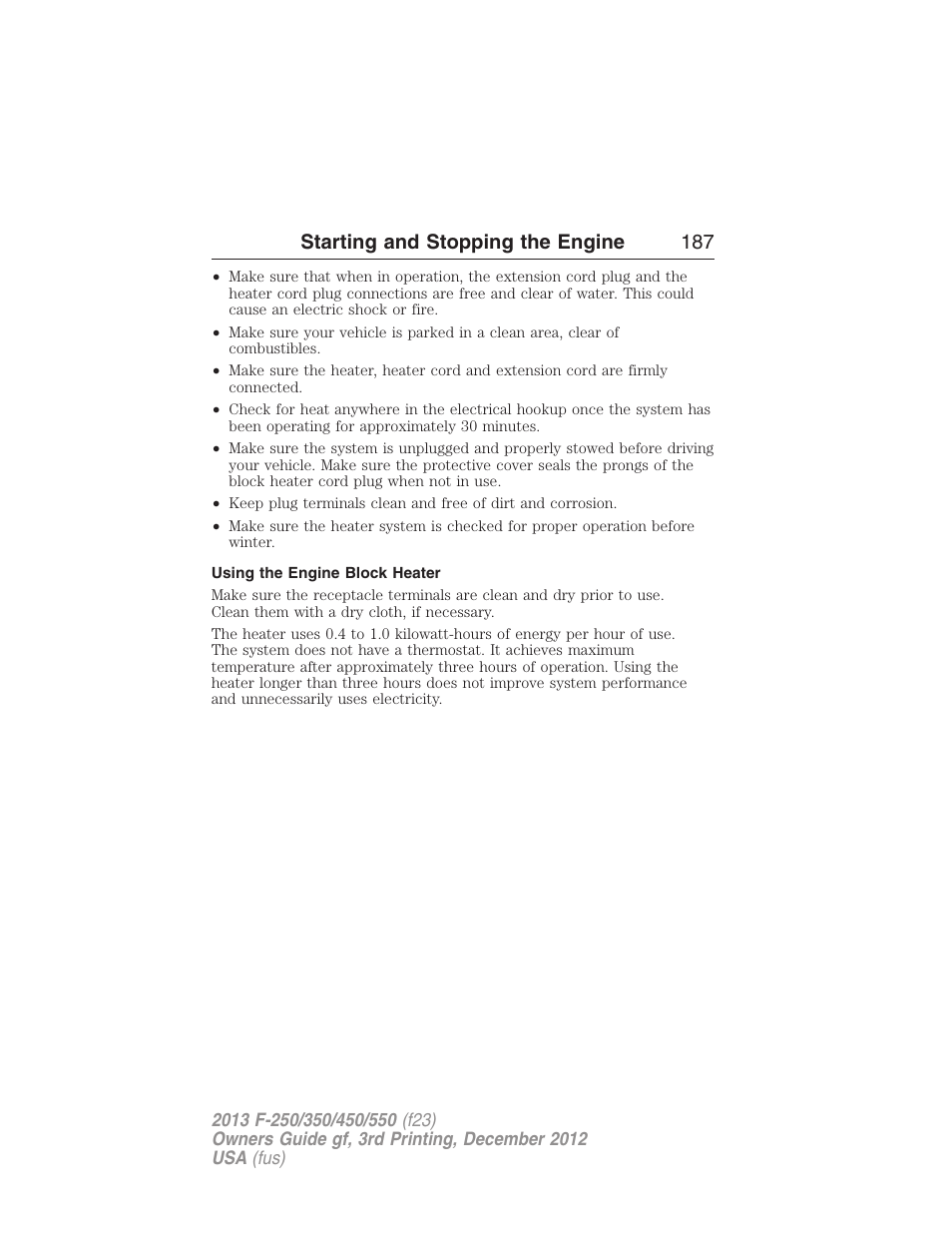 Using the engine block heater, Starting and stopping the engine 187 | FORD 2013 F-550 v.3 User Manual | Page 188 / 577