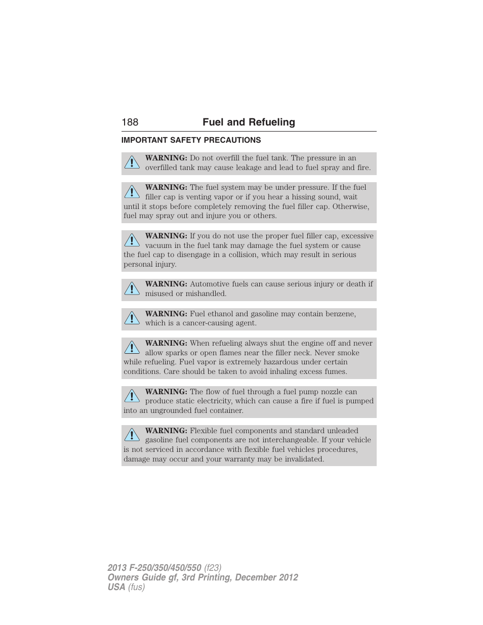 Fuel and refueling, Important safety precautions, 188 fuel and refueling | FORD 2013 F-550 v.3 User Manual | Page 189 / 577