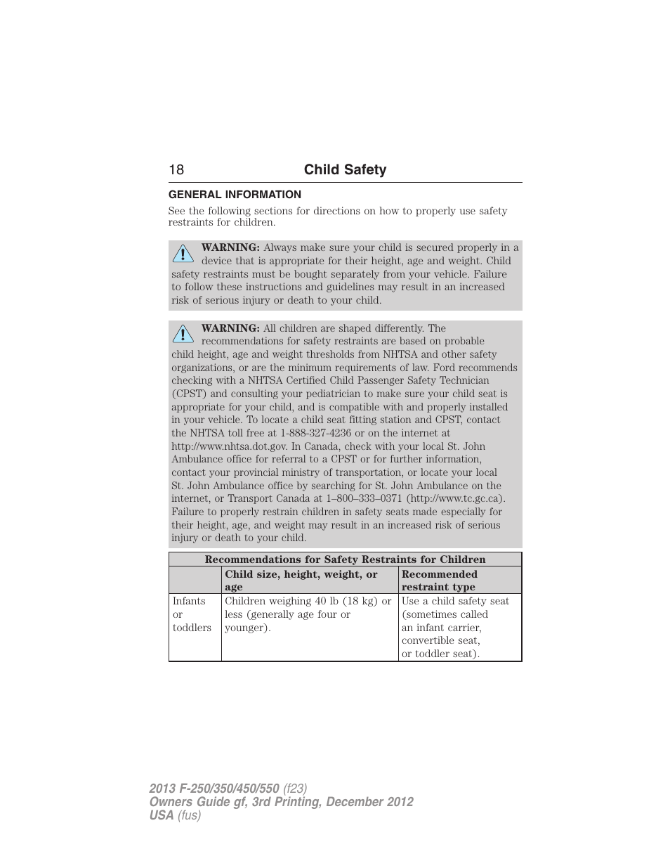 Child safety, General information, 18 child safety | FORD 2013 F-550 v.3 User Manual | Page 19 / 577