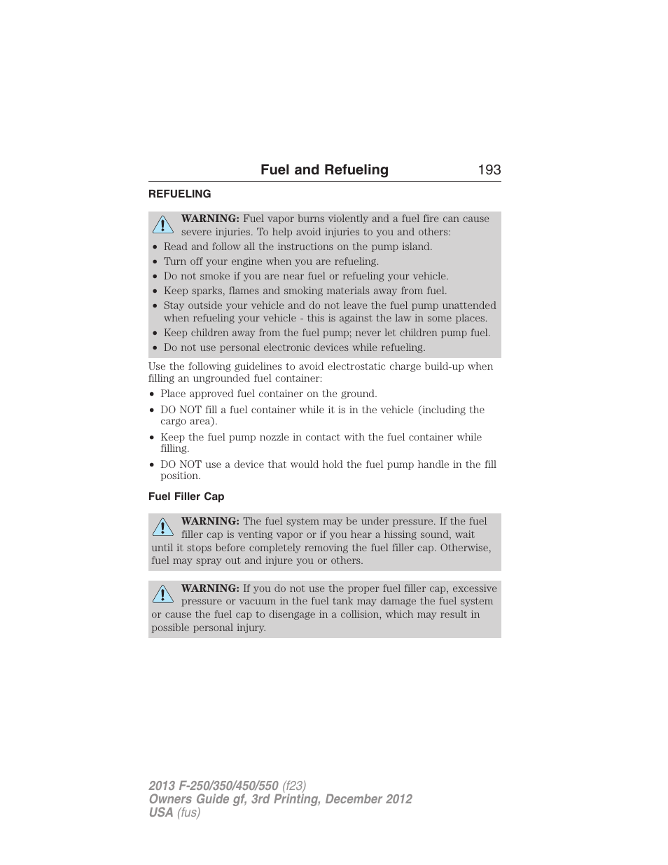 Refueling, Fuel filler cap, Fuel and refueling 193 | FORD 2013 F-550 v.3 User Manual | Page 194 / 577