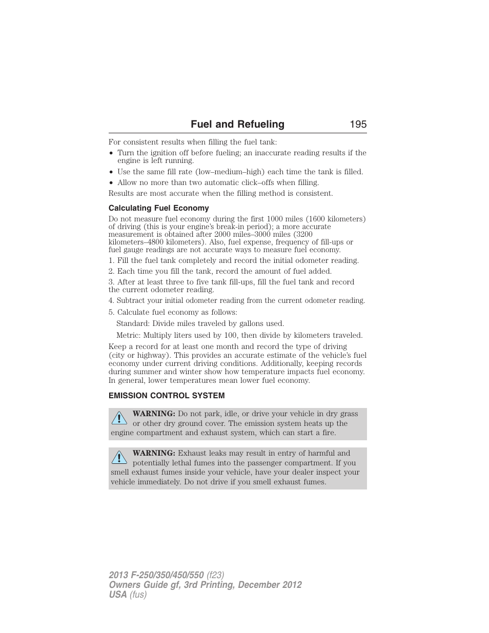 Calculating fuel economy, Emission control system, Fuel and refueling 195 | FORD 2013 F-550 v.3 User Manual | Page 196 / 577