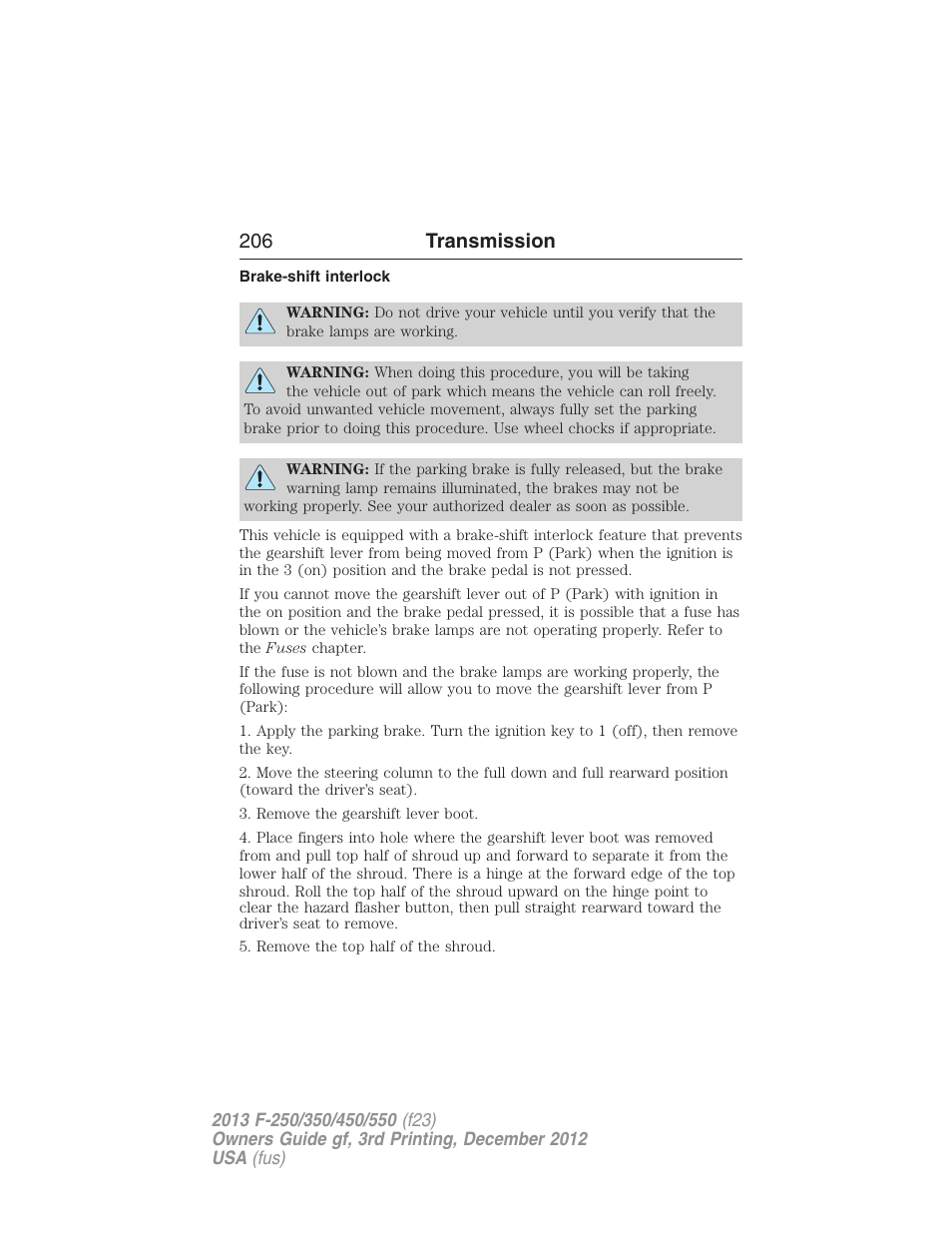 Brake-shift interlock, 206 transmission | FORD 2013 F-550 v.3 User Manual | Page 207 / 577