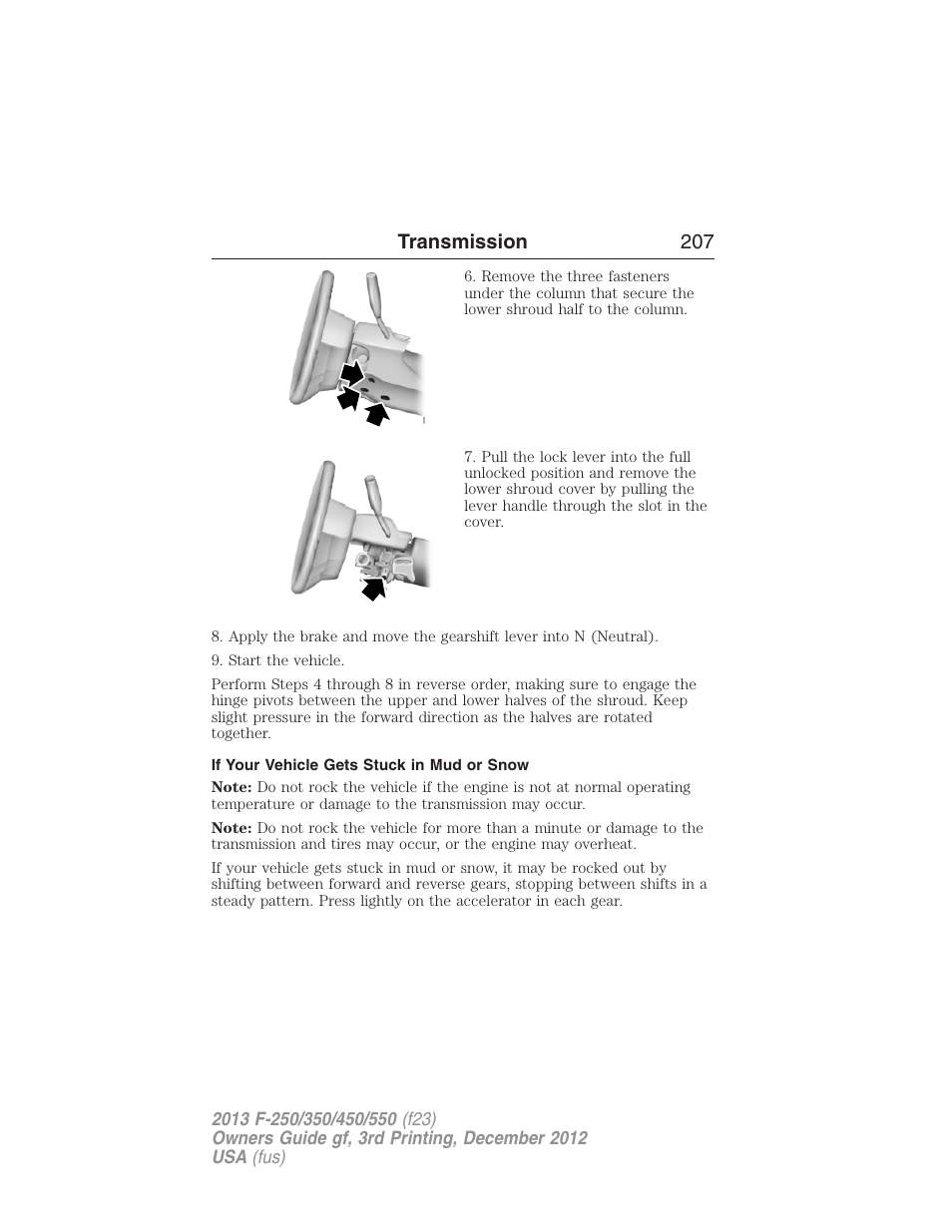 If your vehicle gets stuck in mud or snow, Transmission 207 | FORD 2013 F-550 v.3 User Manual | Page 208 / 577