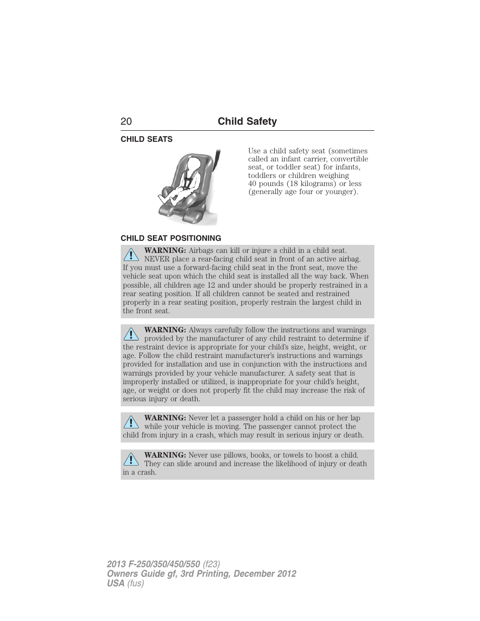 Child seats, Child seat positioning, 20 child safety | FORD 2013 F-550 v.3 User Manual | Page 21 / 577