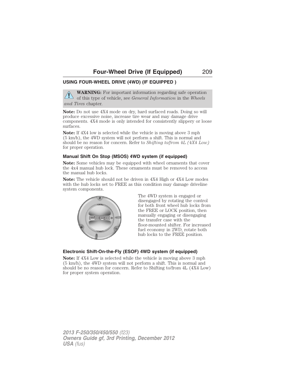 Four-wheel drive (if equipped), Using four-wheel drive (4wd) (if equipped ), Four wheel drive | Four-wheel drive (if equipped) 209 | FORD 2013 F-550 v.3 User Manual | Page 210 / 577