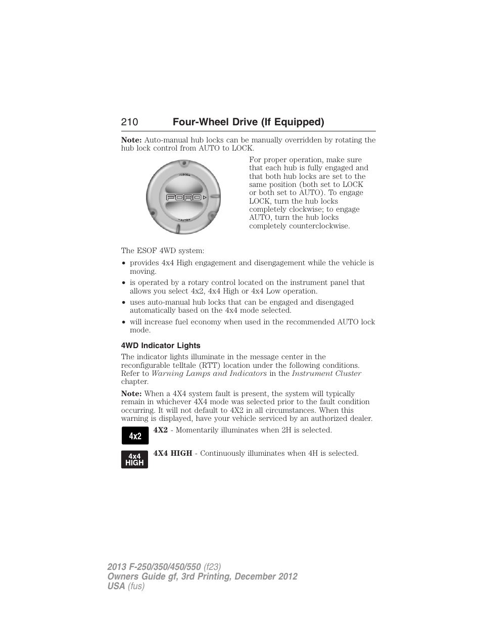 4wd indicator lights, 210 four-wheel drive (if equipped) | FORD 2013 F-550 v.3 User Manual | Page 211 / 577