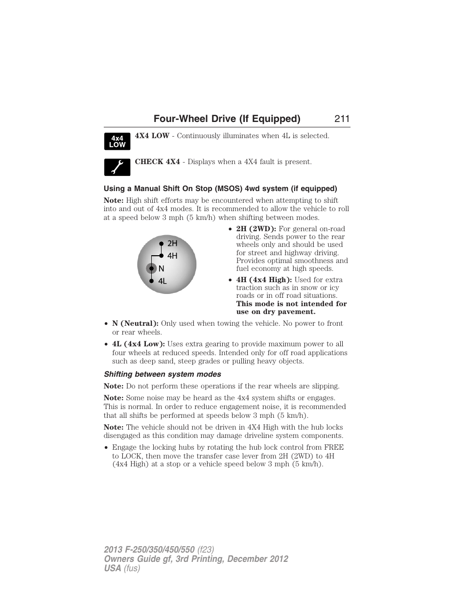 Shifting between system modes, Four-wheel drive (if equipped) 211 | FORD 2013 F-550 v.3 User Manual | Page 212 / 577