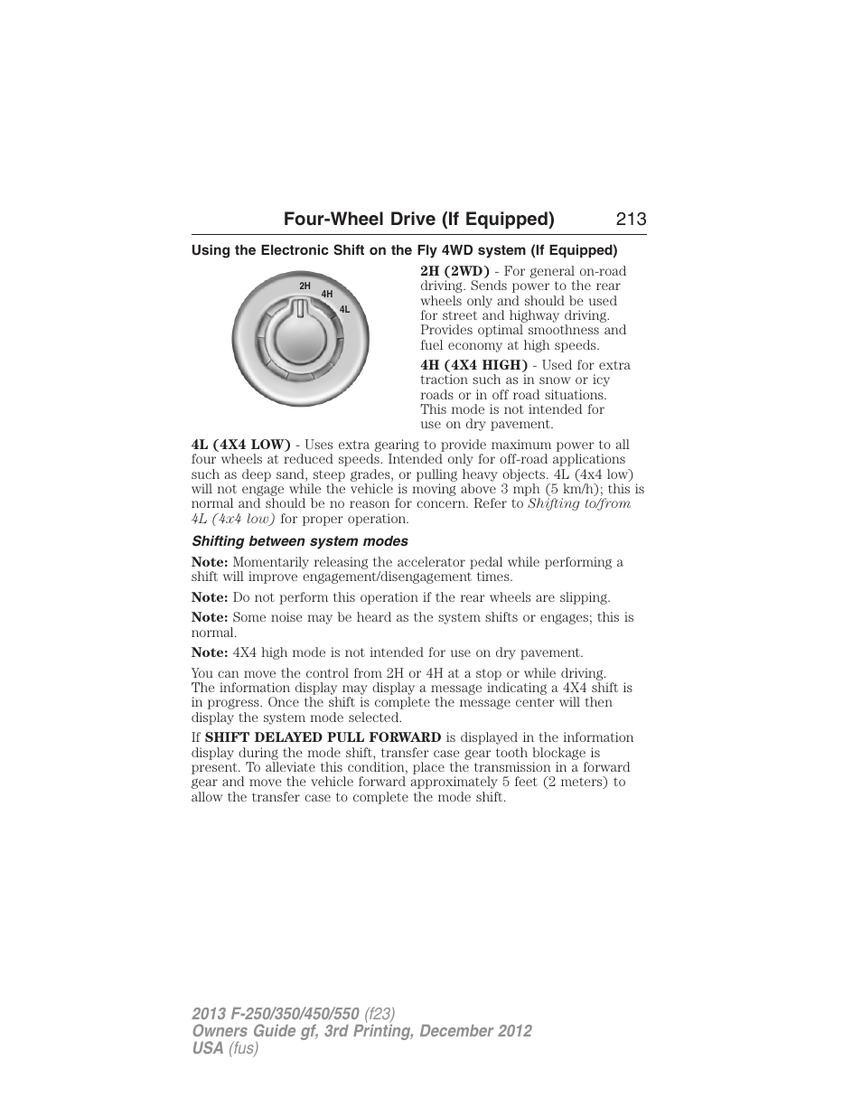 Shifting between system modes, Four-wheel drive (if equipped) 213 | FORD 2013 F-550 v.3 User Manual | Page 214 / 577