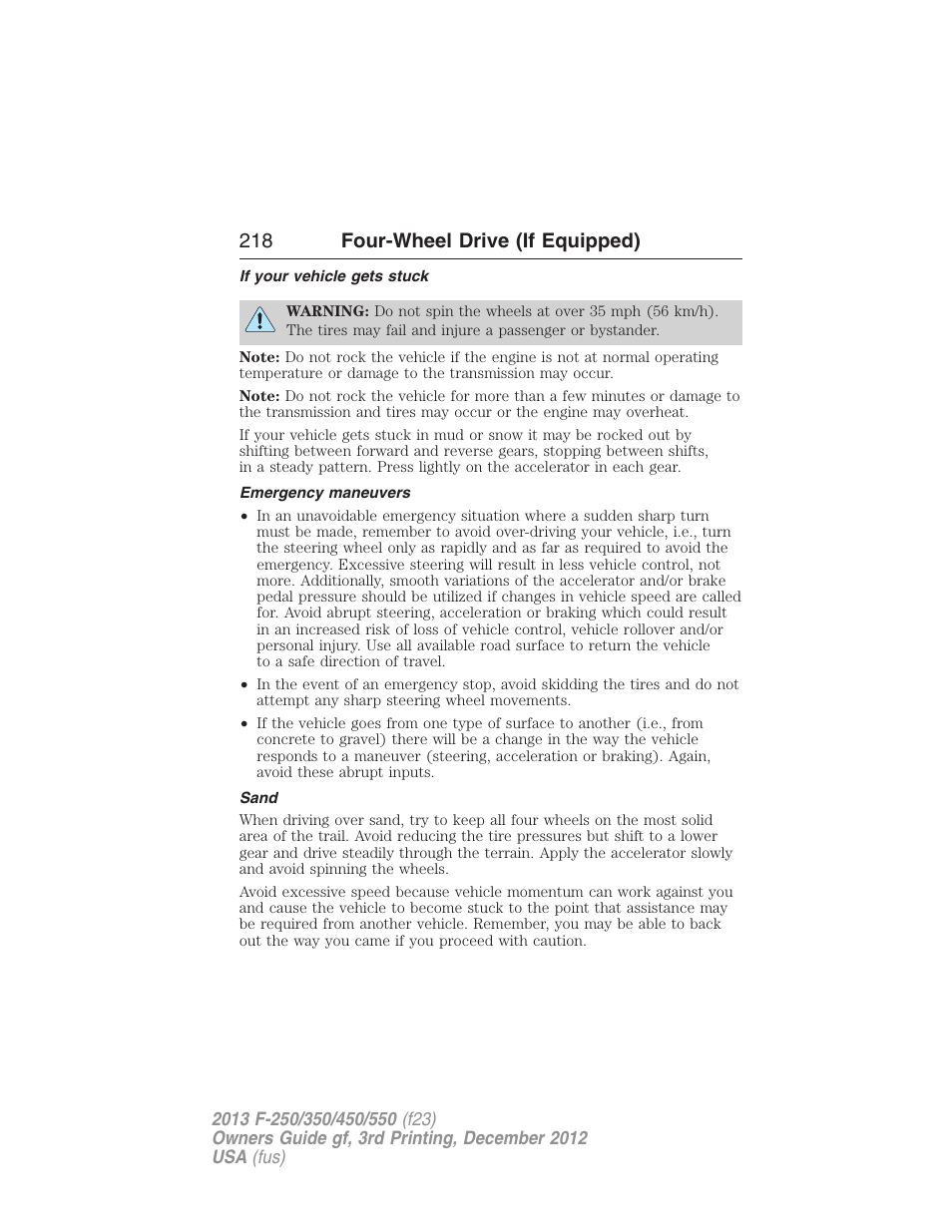 If your vehicle gets stuck, Emergency maneuvers, Sand | 218 four-wheel drive (if equipped) | FORD 2013 F-550 v.3 User Manual | Page 219 / 577