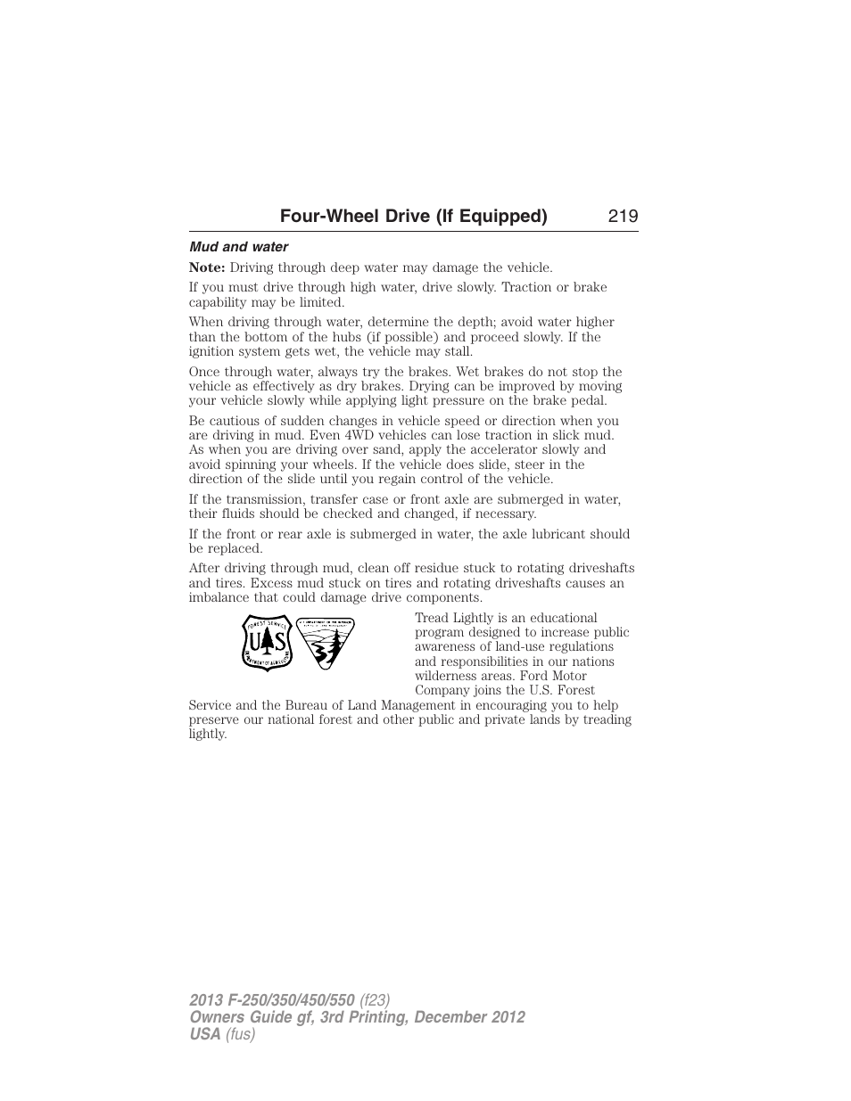 Mud and water, Four-wheel drive (if equipped) 219 | FORD 2013 F-550 v.3 User Manual | Page 220 / 577