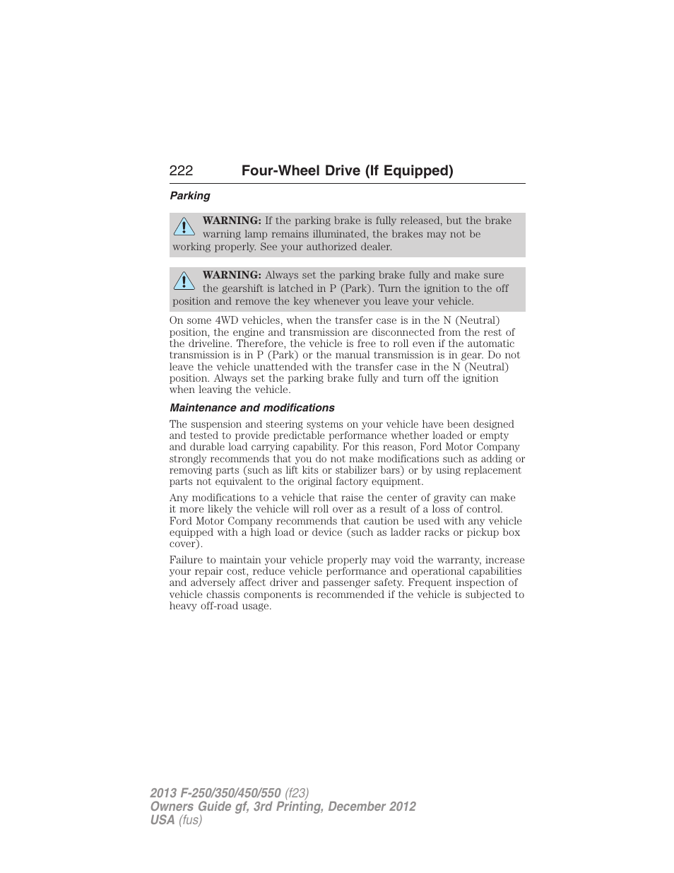 Parking, Maintenance and modifications, 222 four-wheel drive (if equipped) | FORD 2013 F-550 v.3 User Manual | Page 223 / 577