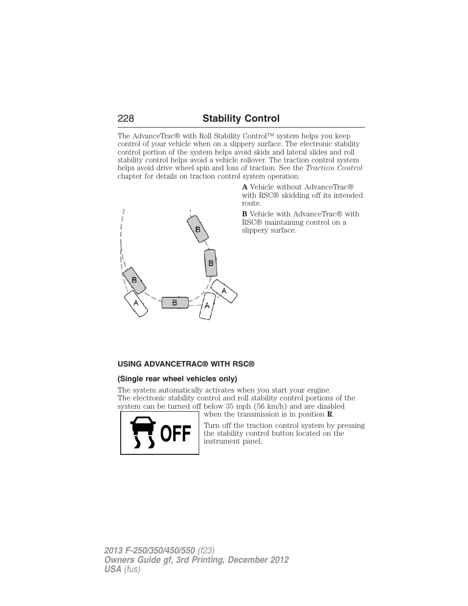 Using advancetrac® with rsc, Single rear wheel vehicles only), 228 stability control | FORD 2013 F-550 v.3 User Manual | Page 229 / 577