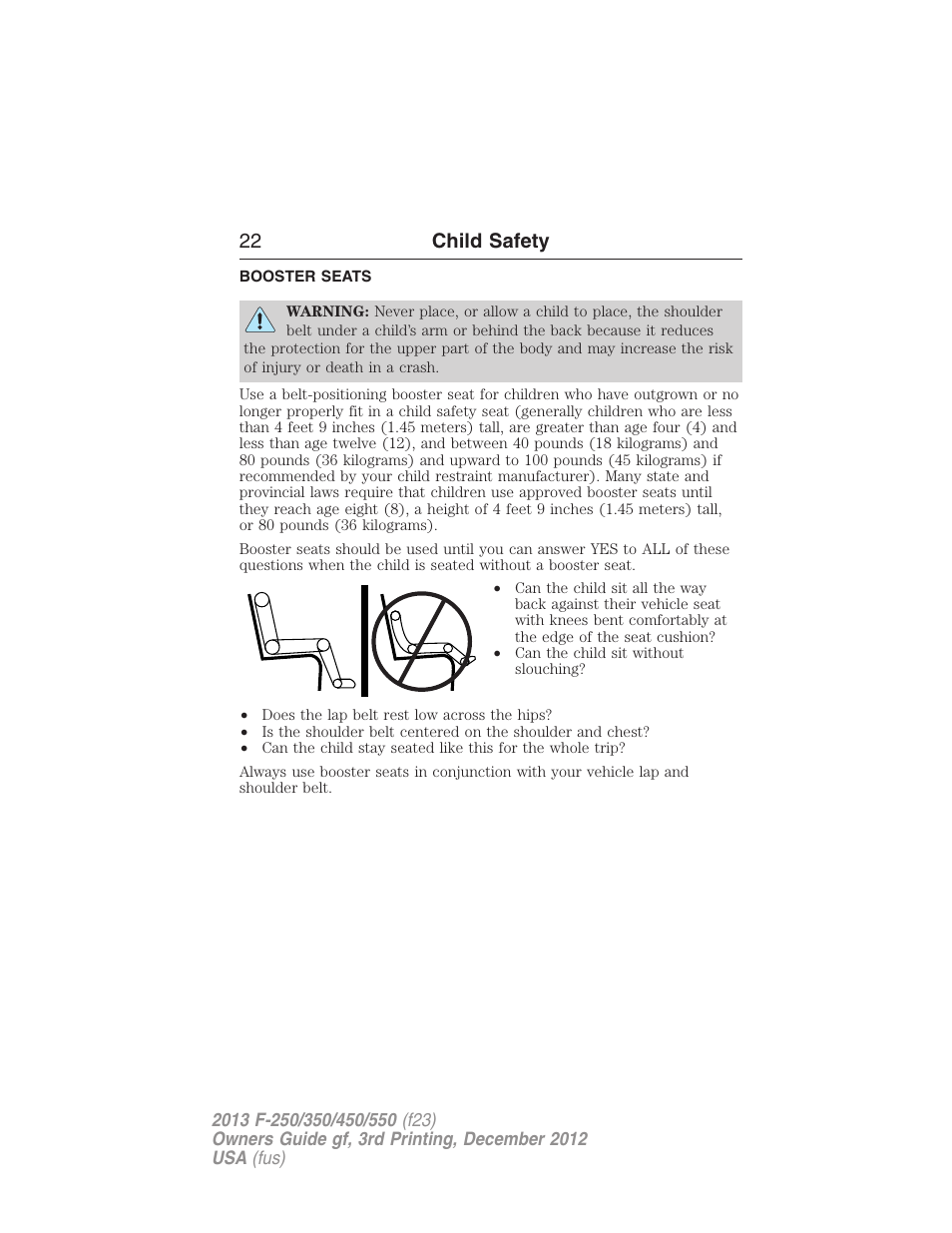 Booster seats, 22 child safety | FORD 2013 F-550 v.3 User Manual | Page 23 / 577