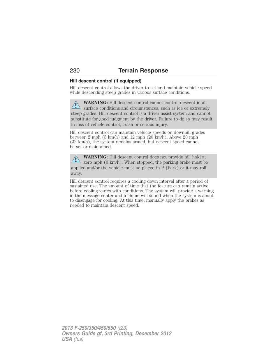 Terrain response, Hill descent control (if equipped), Hill descent control | 230 terrain response | FORD 2013 F-550 v.3 User Manual | Page 231 / 577