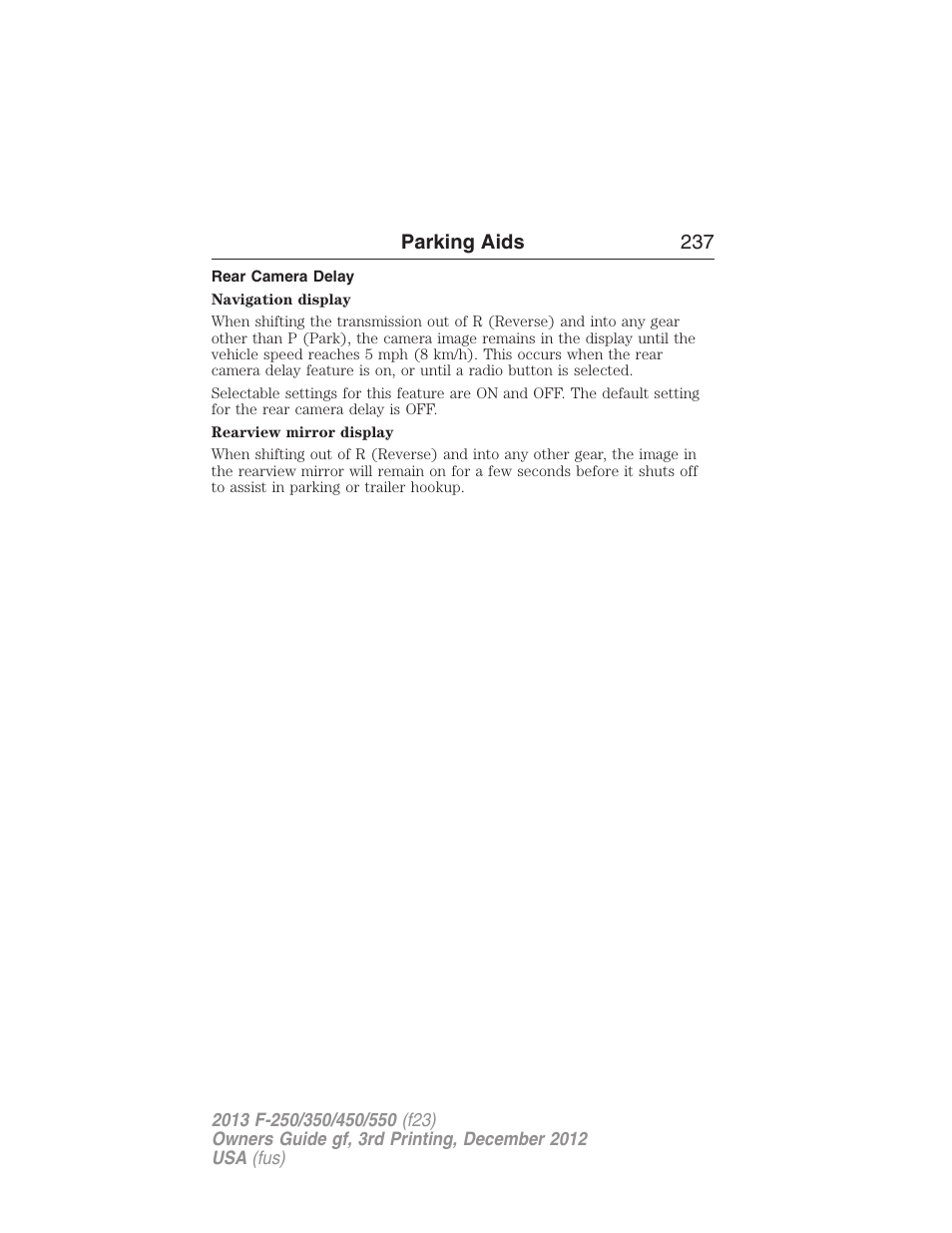 Rear camera delay, Parking aids 237 | FORD 2013 F-550 v.3 User Manual | Page 238 / 577