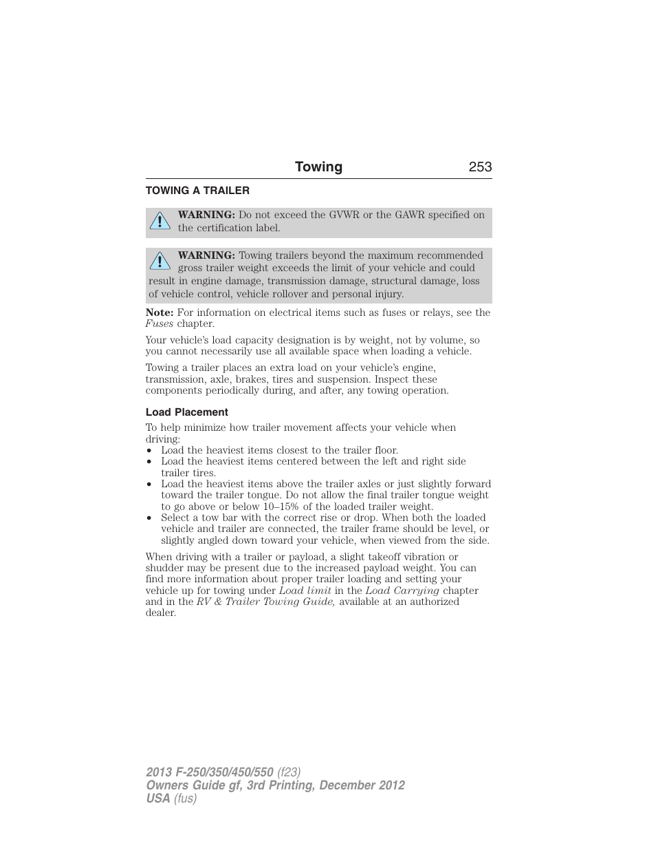 Towing, Towing a trailer, Load placement | Trailer towing, Towing 253 | FORD 2013 F-550 v.3 User Manual | Page 254 / 577