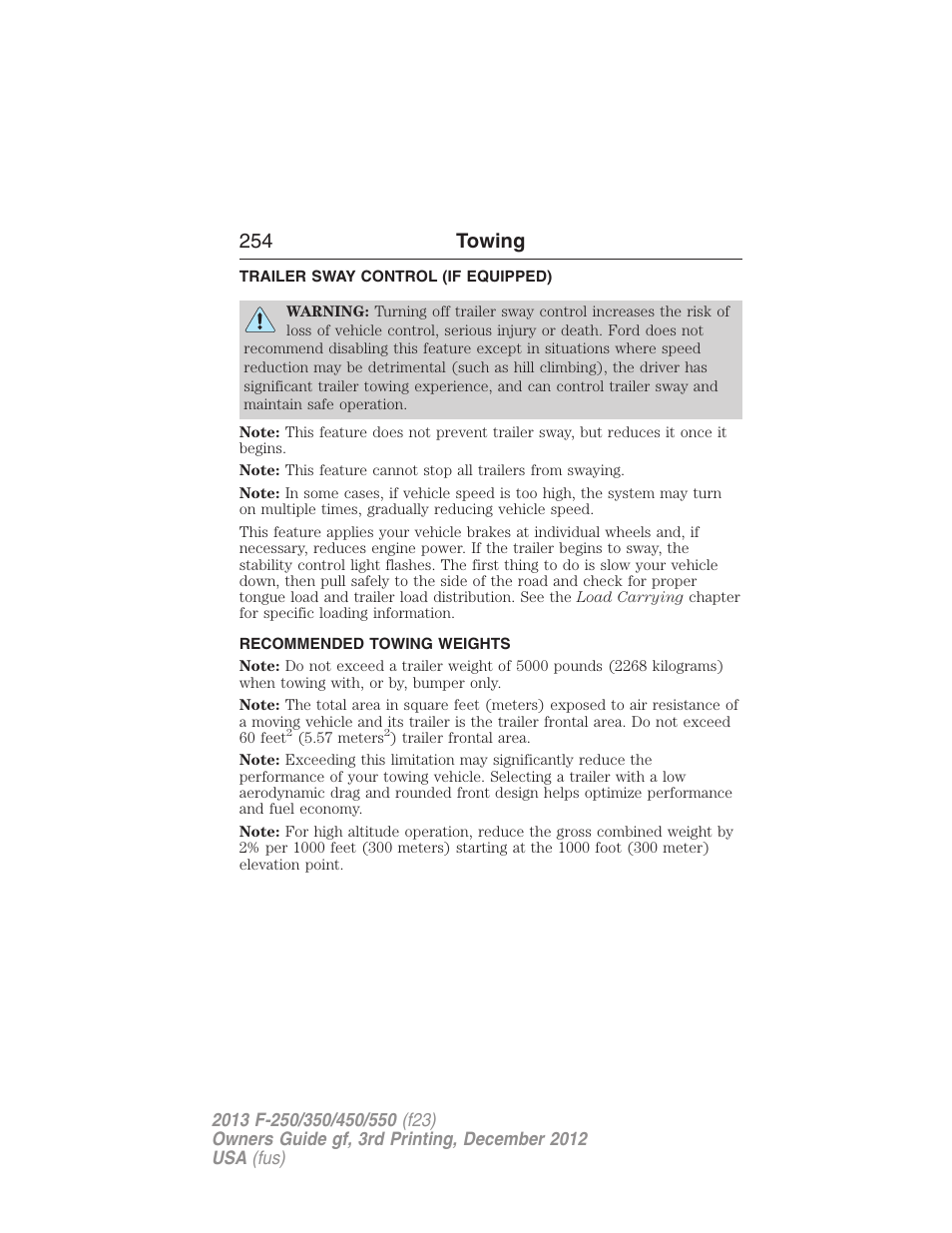 Trailer sway control (if equipped), Recommended towing weights, 254 towing | FORD 2013 F-550 v.3 User Manual | Page 255 / 577