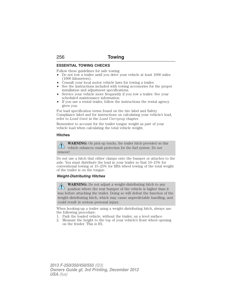 Essential towing checks, Hitches, Weight-distributing hitches | 256 towing | FORD 2013 F-550 v.3 User Manual | Page 257 / 577