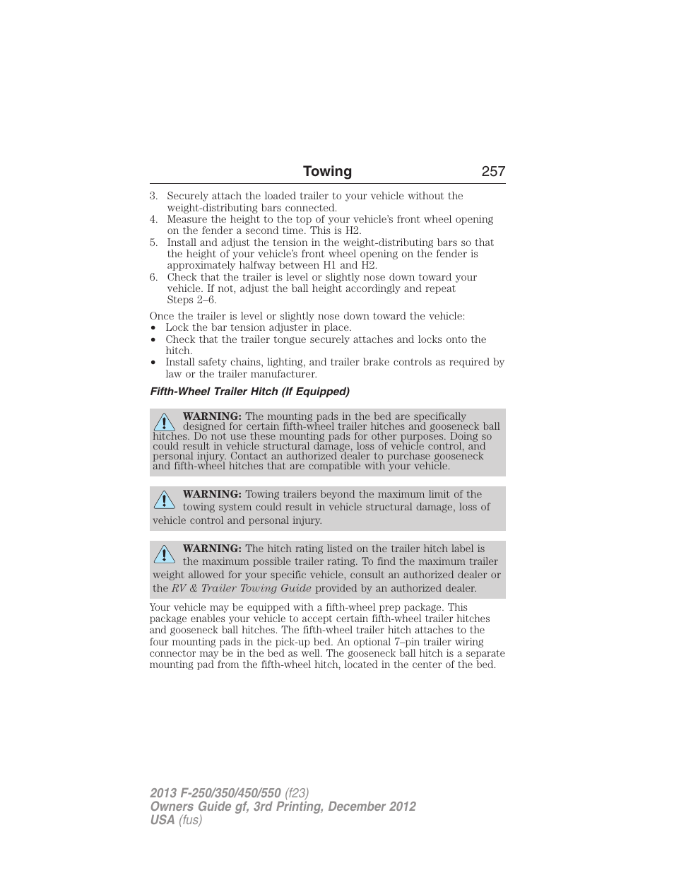 Fifth-wheel trailer hitch (if equipped), Towing 257 | FORD 2013 F-550 v.3 User Manual | Page 258 / 577