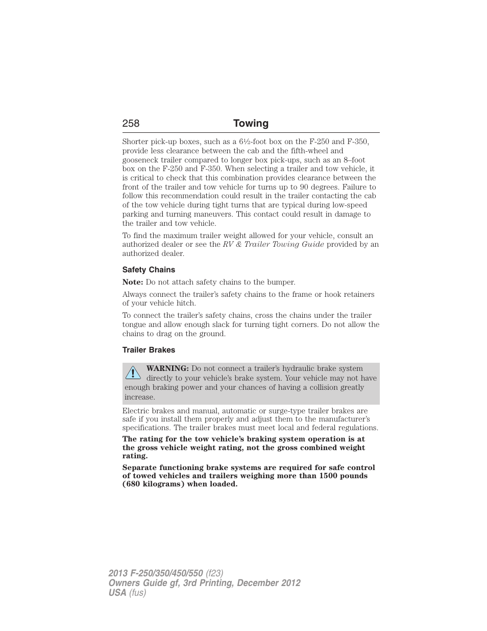 Safety chains, Trailer brakes, 258 towing | FORD 2013 F-550 v.3 User Manual | Page 259 / 577