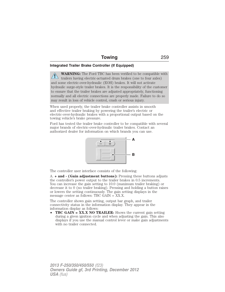 Integrated trailer brake controller (if equipped), Trailer brake controller-integrated, Towing 259 | FORD 2013 F-550 v.3 User Manual | Page 260 / 577