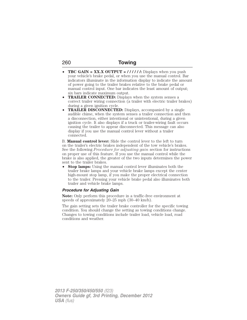 Procedure for adjusting gain, 260 towing | FORD 2013 F-550 v.3 User Manual | Page 261 / 577