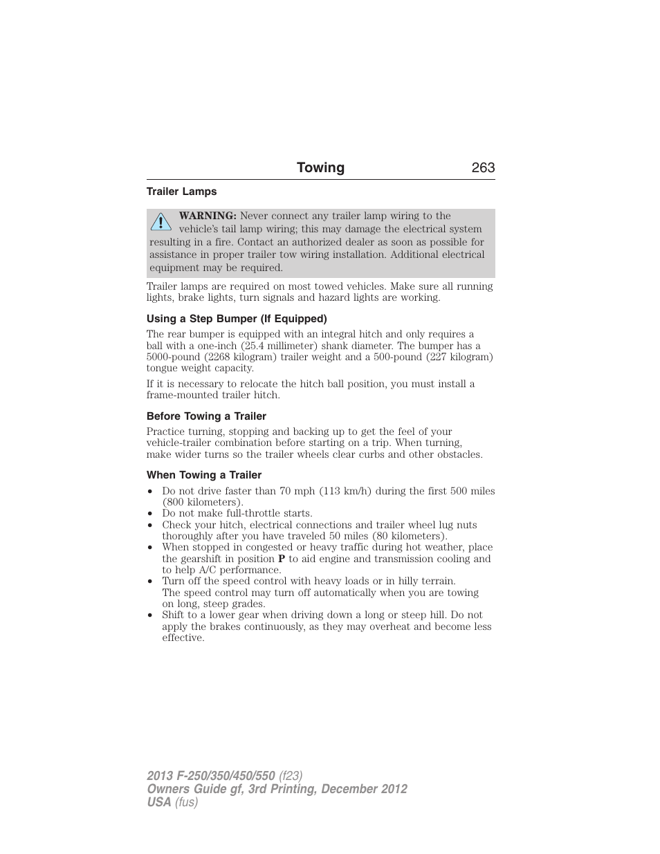 Trailer lamps, Using a step bumper (if equipped), Before towing a trailer | When towing a trailer, Towing 263 | FORD 2013 F-550 v.3 User Manual | Page 264 / 577