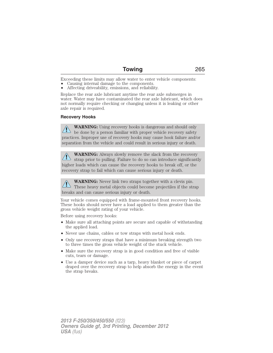 Recovery hooks, Towing 265 | FORD 2013 F-550 v.3 User Manual | Page 266 / 577