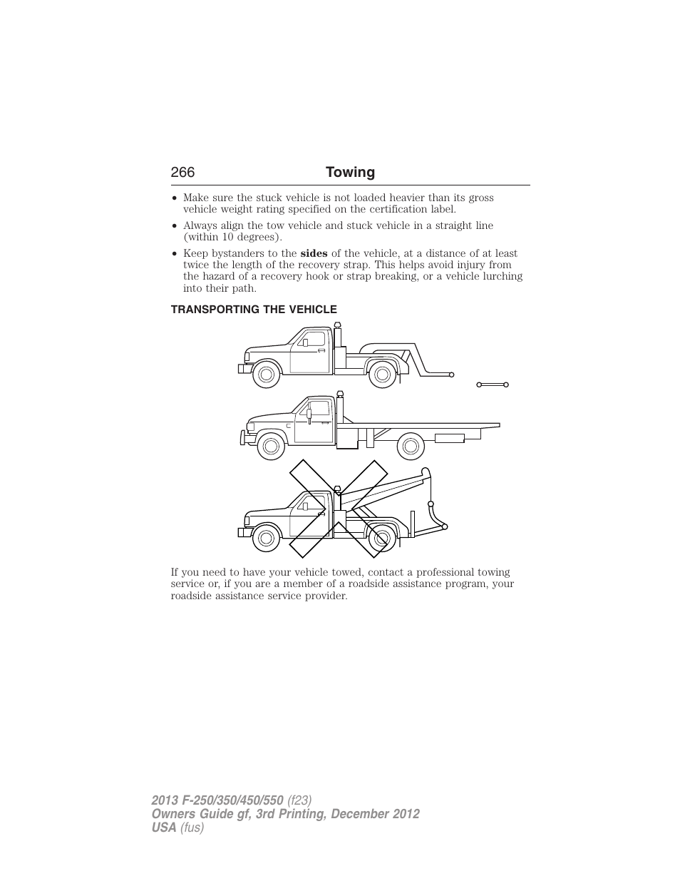 Transporting the vehicle, Wrecker towing, 266 towing | FORD 2013 F-550 v.3 User Manual | Page 267 / 577