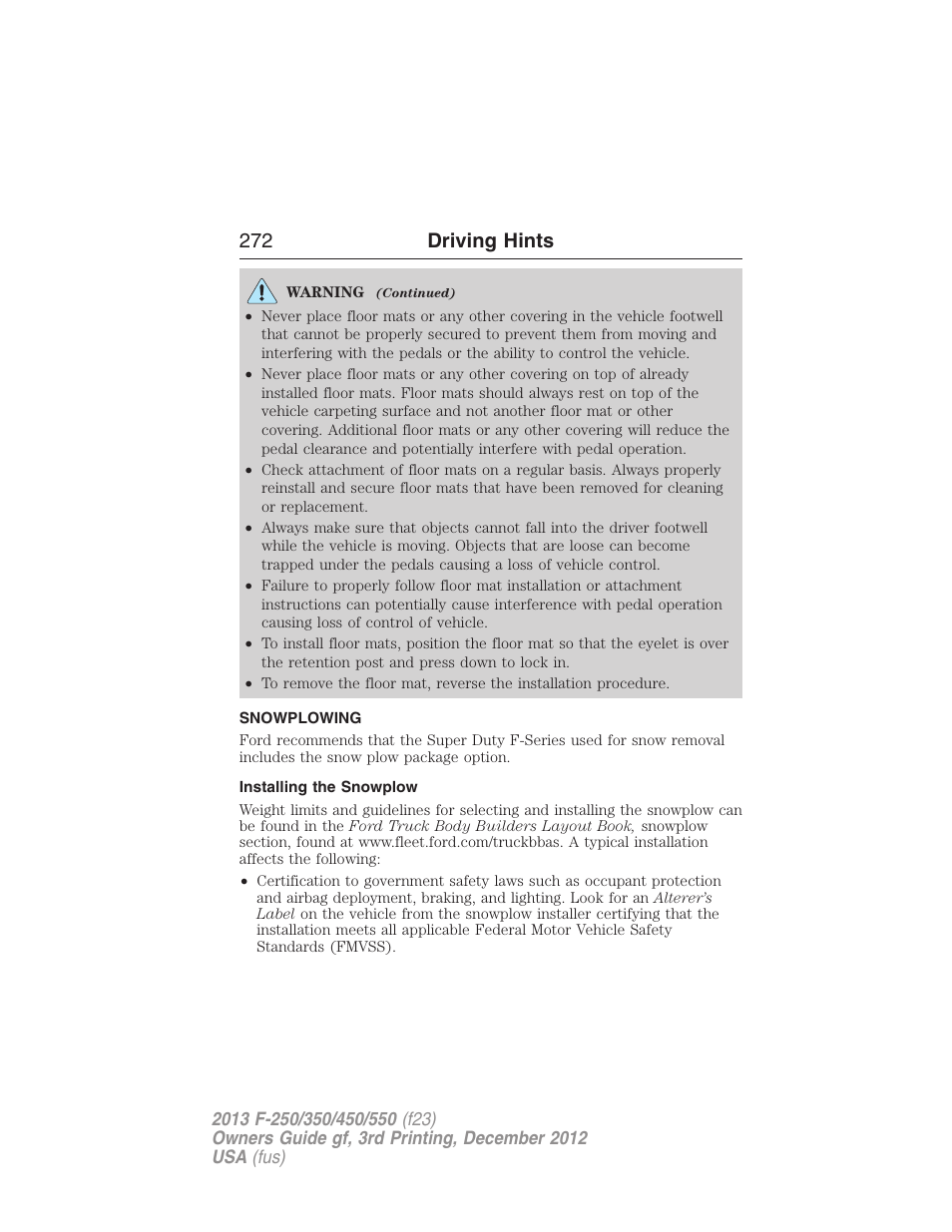 Snowplowing, Installing the snowplow, 272 driving hints | FORD 2013 F-550 v.3 User Manual | Page 273 / 577