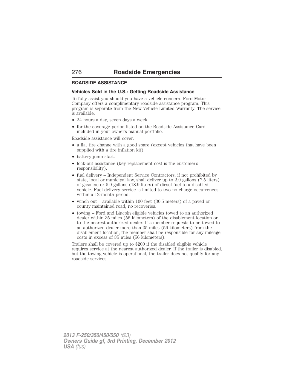 Roadside emergencies, Roadside assistance, Getting roadside assistance | 276 roadside emergencies | FORD 2013 F-550 v.3 User Manual | Page 277 / 577