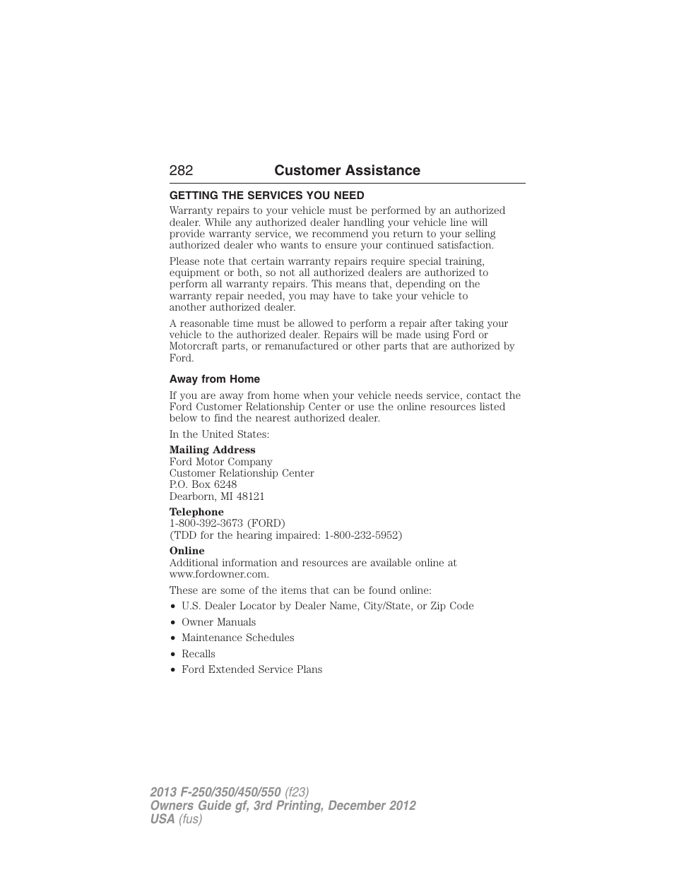 Customer assistance, Getting the services you need, Away from home | 282 customer assistance | FORD 2013 F-550 v.3 User Manual | Page 283 / 577