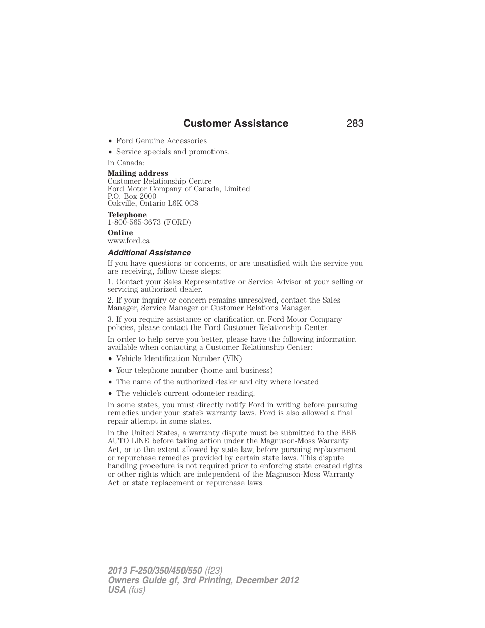 Additional assistance, Customer assistance 283 | FORD 2013 F-550 v.3 User Manual | Page 284 / 577