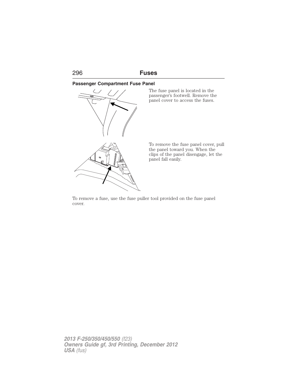 Passenger compartment fuse panel | FORD 2013 F-550 v.3 User Manual | Page 297 / 577