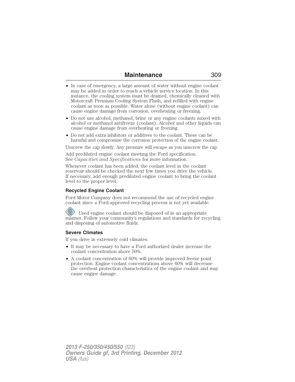 Recycled engine coolant, Severe climates, Maintenance 309 | FORD 2013 F-550 v.3 User Manual | Page 310 / 577