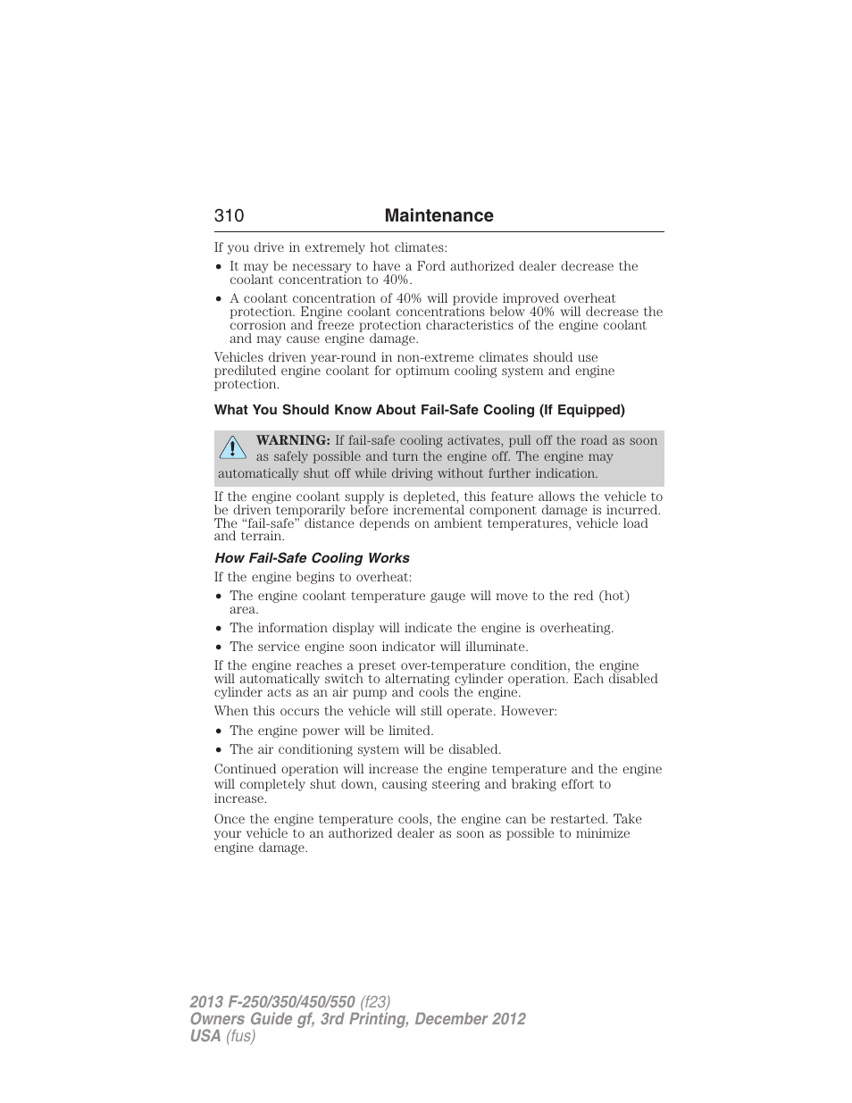 How fail-safe cooling works, 310 maintenance | FORD 2013 F-550 v.3 User Manual | Page 311 / 577