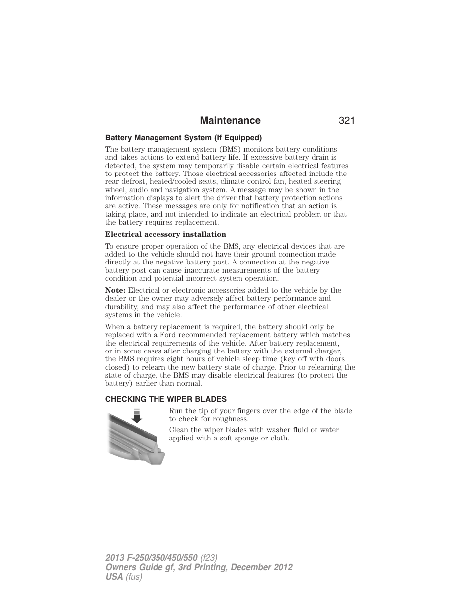 Battery management system (if equipped), Checking the wiper blades, Maintenance 321 | FORD 2013 F-550 v.3 User Manual | Page 322 / 577