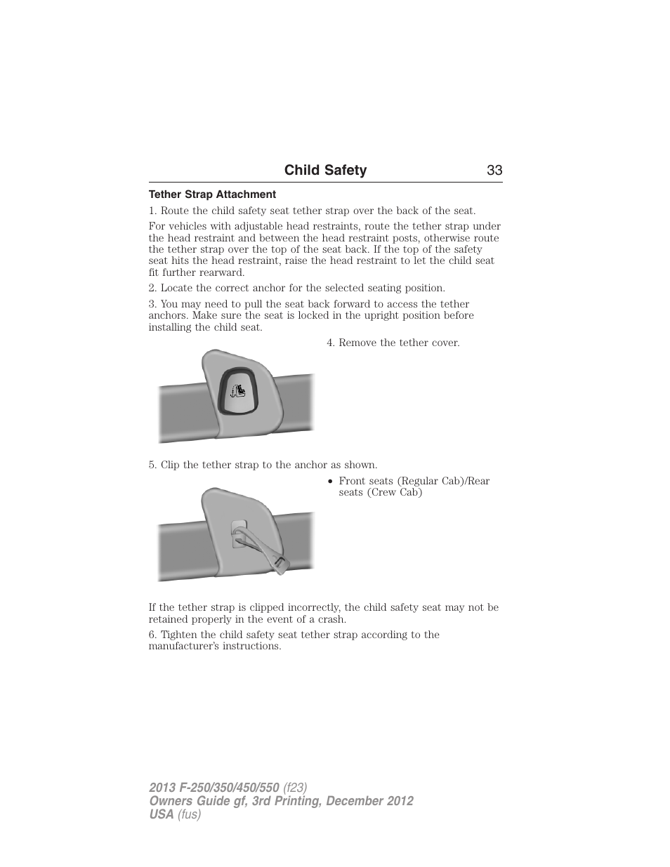 Tether strap attachment, Child safety 33 | FORD 2013 F-550 v.3 User Manual | Page 34 / 577