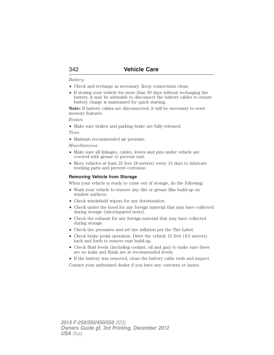 Removing vehicle from storage, 342 vehicle care | FORD 2013 F-550 v.3 User Manual | Page 343 / 577