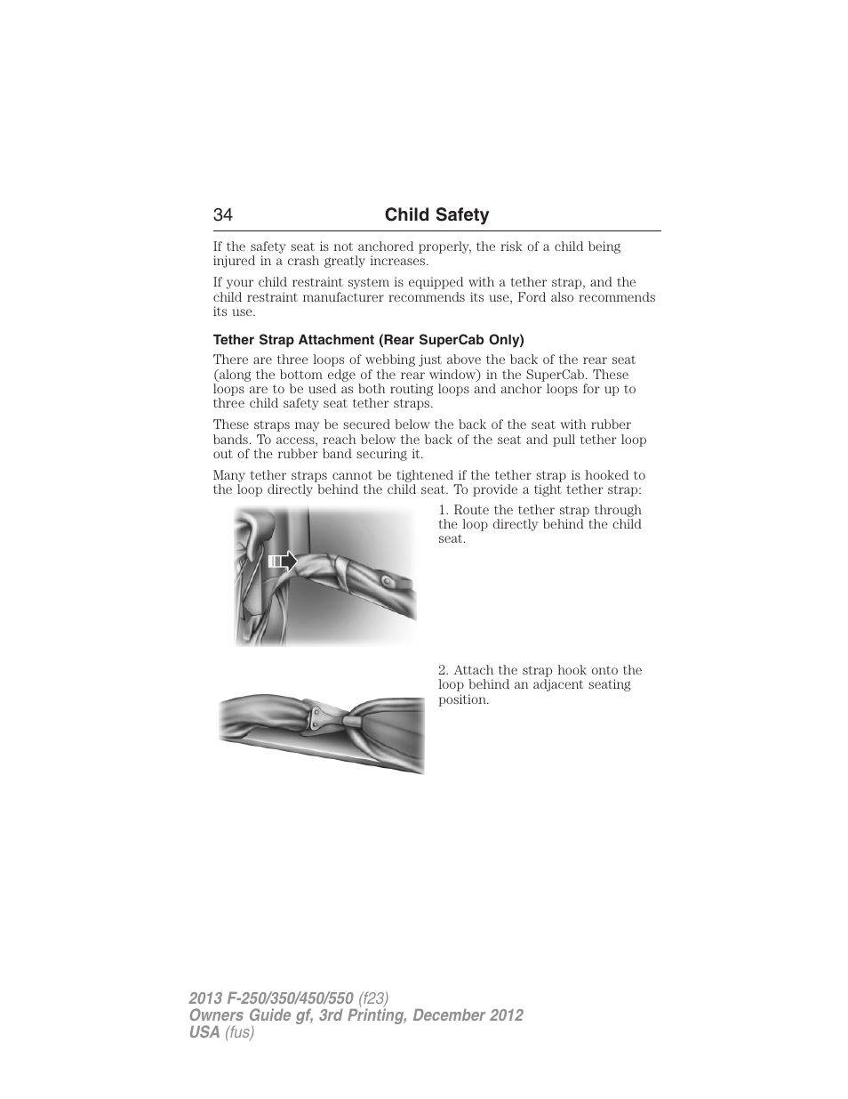 Tether strap attachment (rear supercab only), 34 child safety | FORD 2013 F-550 v.3 User Manual | Page 35 / 577