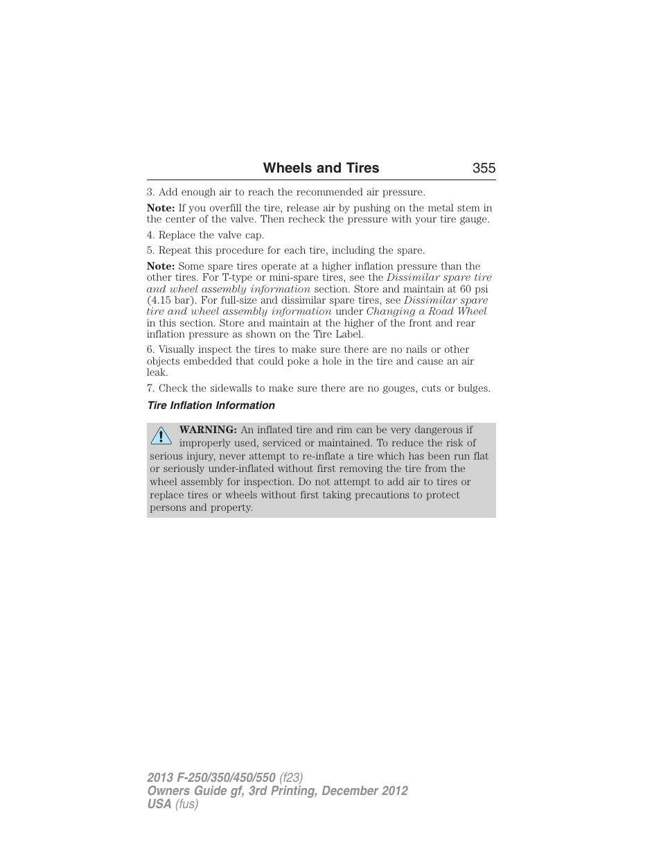 Tire inflation information, Wheels and tires 355 | FORD 2013 F-550 v.3 User Manual | Page 356 / 577