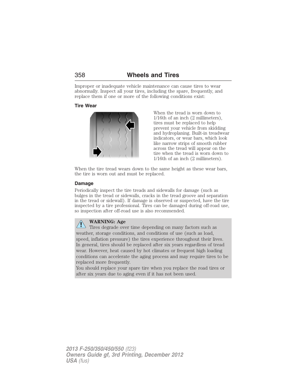 Tire wear, Damage, 358 wheels and tires | FORD 2013 F-550 v.3 User Manual | Page 359 / 577