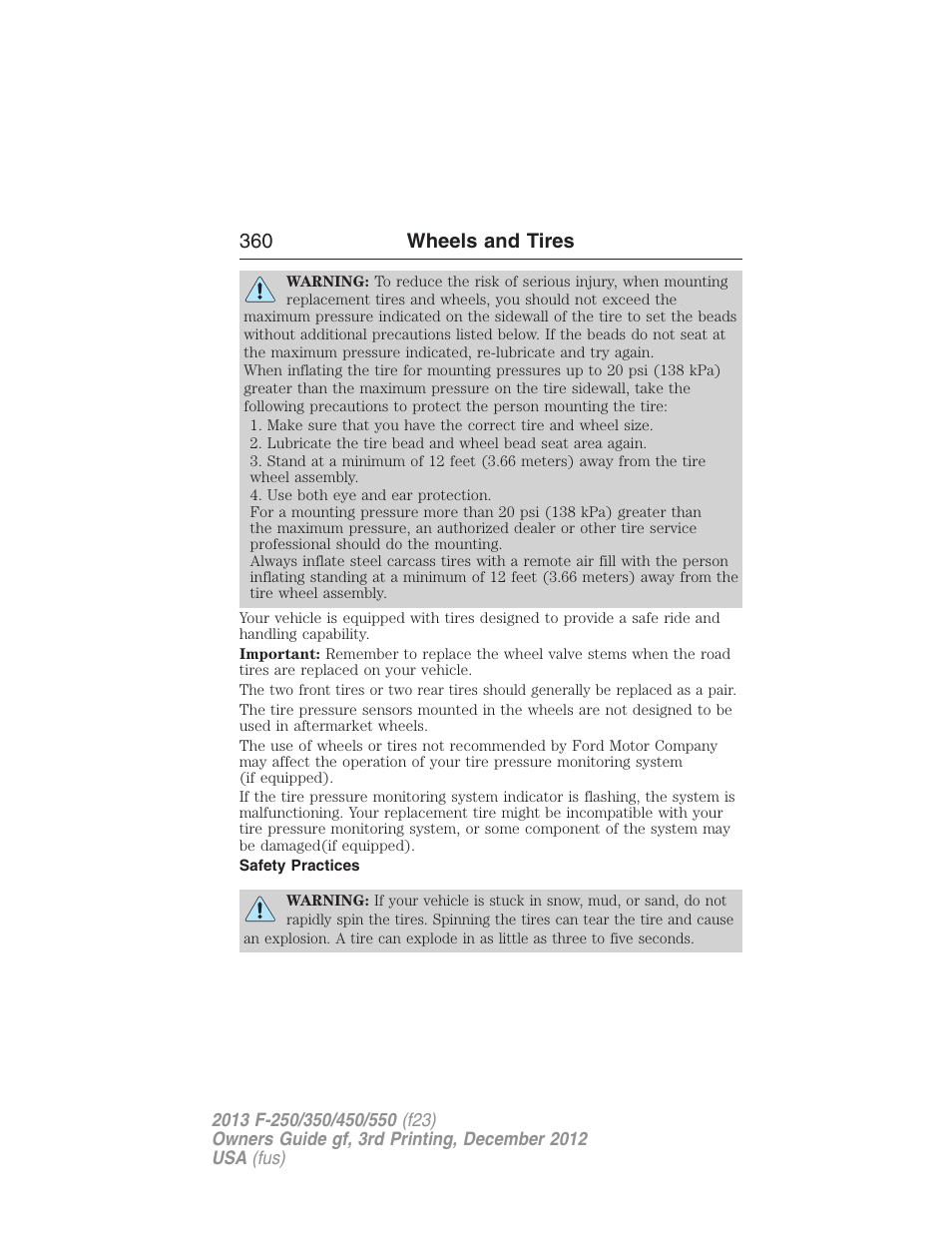 Safety practices, 360 wheels and tires | FORD 2013 F-550 v.3 User Manual | Page 361 / 577