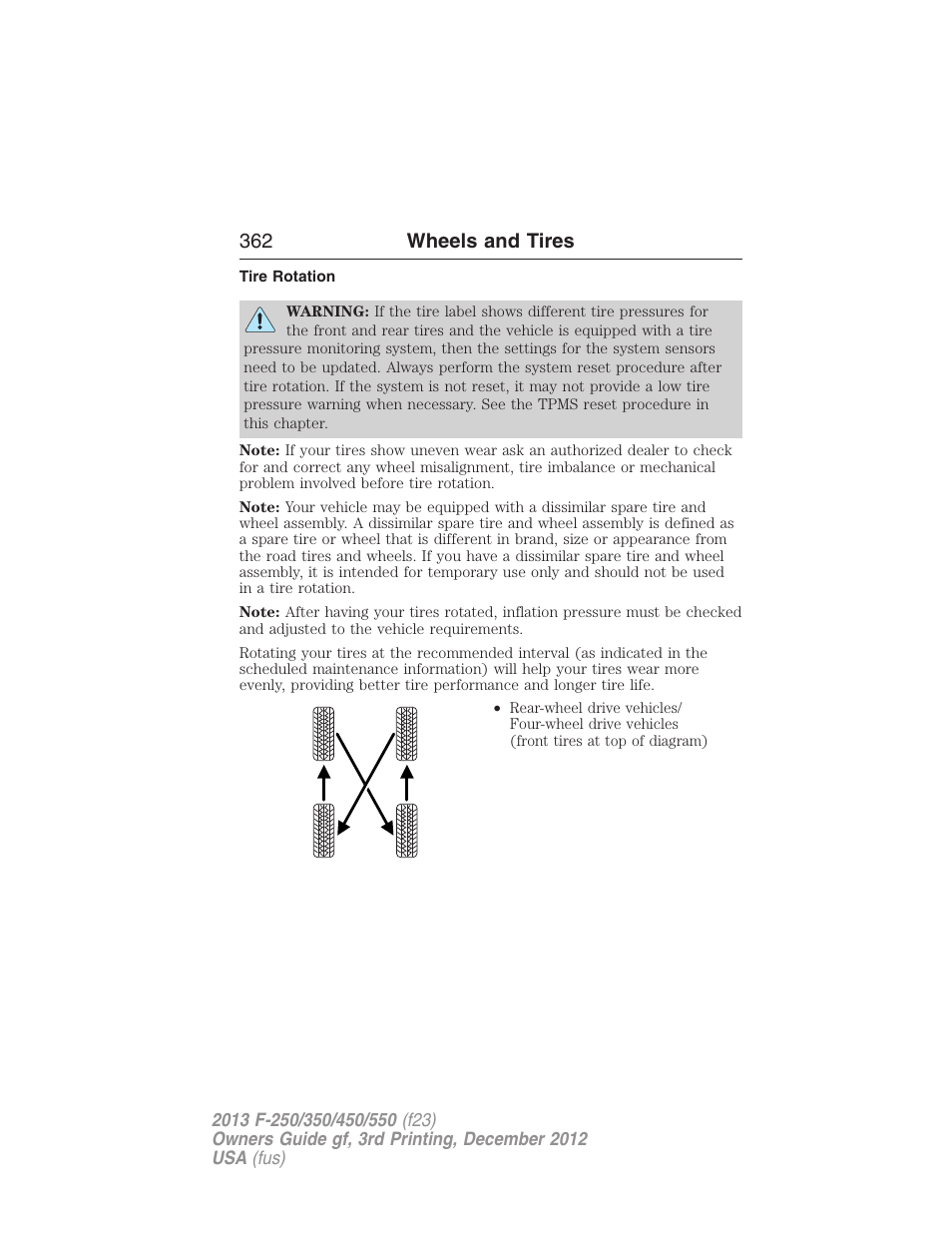 Tire rotation, 362 wheels and tires | FORD 2013 F-550 v.3 User Manual | Page 363 / 577