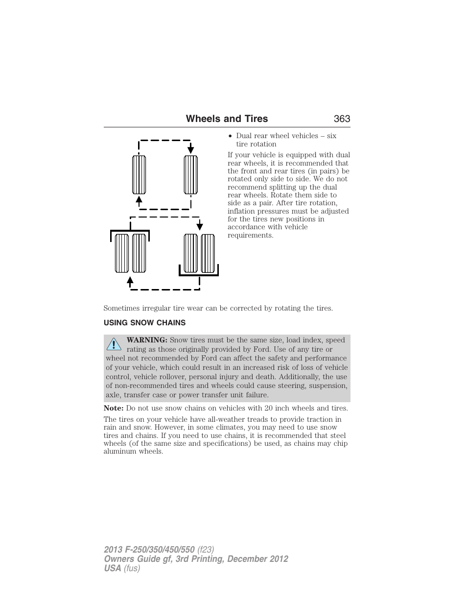 Using snow chains, Wheels and tires 363 | FORD 2013 F-550 v.3 User Manual | Page 364 / 577