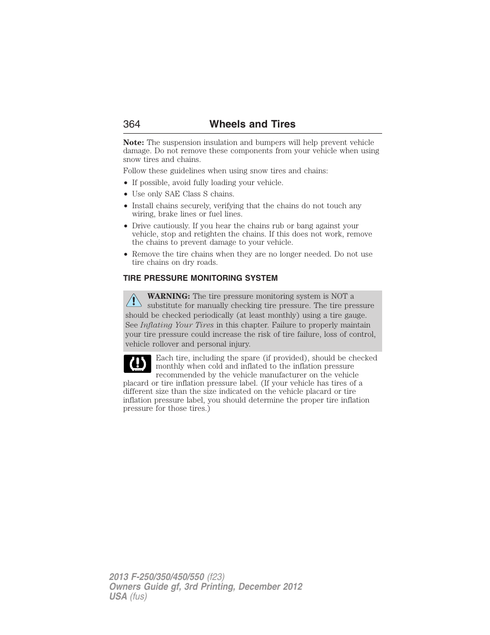 Tire pressure monitoring system, Tire pressure monitoring system (tpms), 364 wheels and tires | FORD 2013 F-550 v.3 User Manual | Page 365 / 577