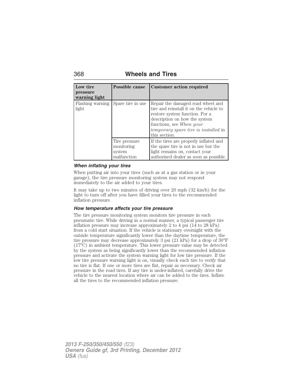 When inflating your tires, How temperature affects your tire pressure, 368 wheels and tires | FORD 2013 F-550 v.3 User Manual | Page 369 / 577