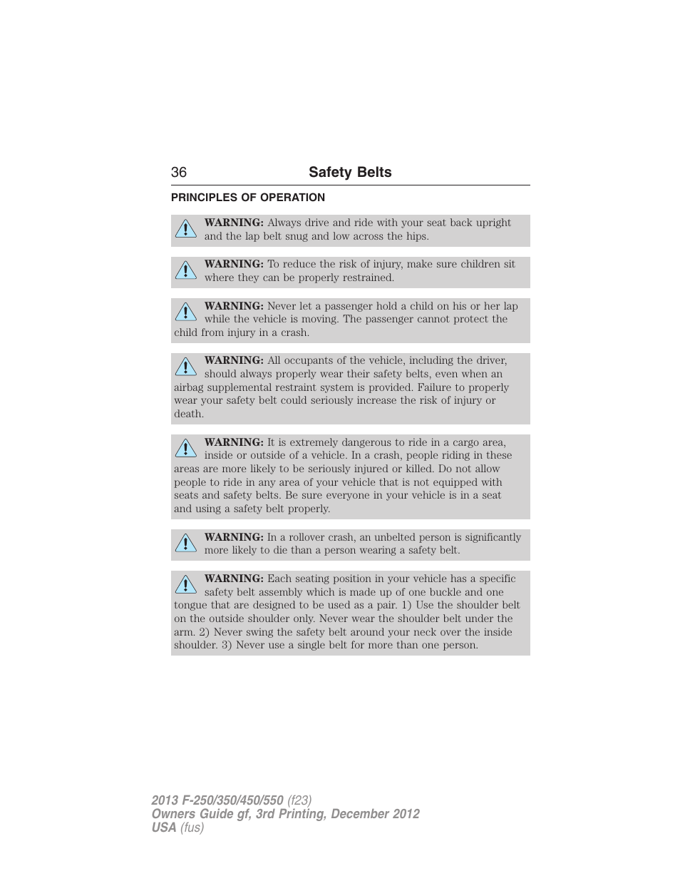 Safety belts, Principles of operation, 36 safety belts | FORD 2013 F-550 v.3 User Manual | Page 37 / 577