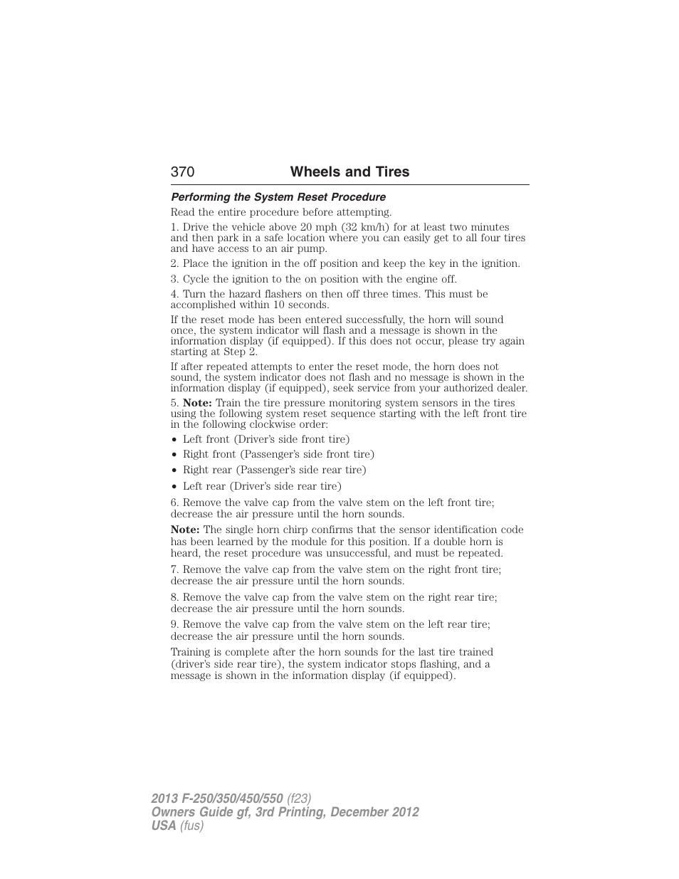 Performing the system reset procedure, 370 wheels and tires | FORD 2013 F-550 v.3 User Manual | Page 371 / 577